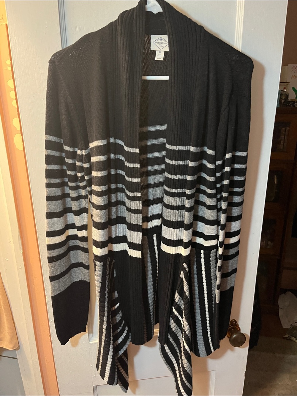 St. John's Bay Black and White Striped Open-Front Cardigan